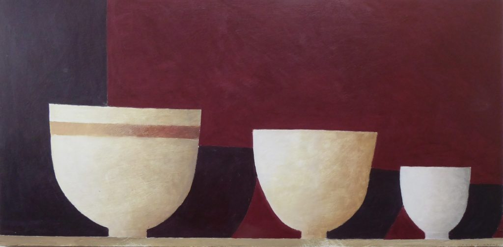 Philip Lyons, December Medium: Acrylic on Board Size: 40cm x 81cm Painter of Still life Bowls. Grid structured artwork creating framework for compositions. The surface of the paintings suggest weathering or wear and tear. Acrylic on board.