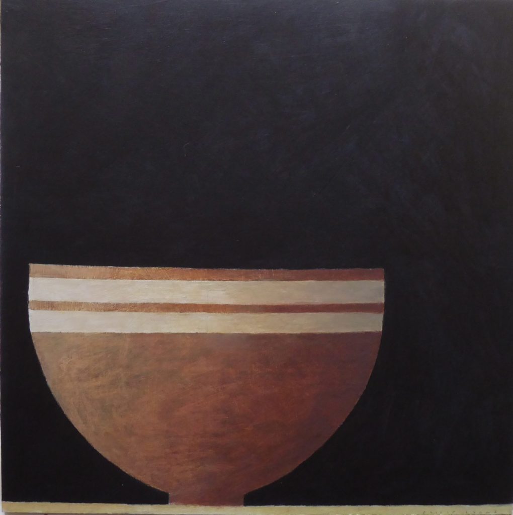 Philip Lyons, Stillness Medium: Acrylic on Board Size: 56cm x 56cm Painter of Still life Bowls. Grid structured artwork creating framework for compositions. The surface of the paintings suggest weathering or wear and tear. Acrylic on board.