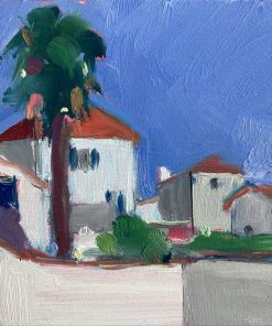 Artist outdoor painting of landscapes and seascapes in vibrant colours. Oil Painter painting a series on travelling. Anna Cecil,Rooftops and Palm Tress, Ile de Re, Oil on Board, 17cm x 22cm, £250