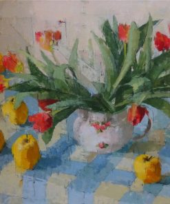Still Life Contemporary Painter working with vibrant hues of Orange and Yellow. Capturing the realism of the object in particular botanical and landscape subjects. Six Apples, Size: 50cm x 75cm Framed: 65cm x 80cm £3,850