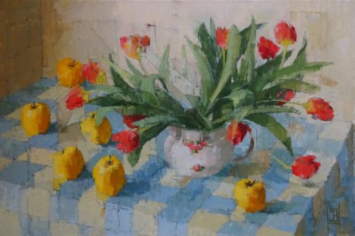 Still Life Contemporary Painter working with vibrant hues of Orange and Yellow. Capturing the realism of the object in particular botanical and landscape subjects. Six Apples, Size: 50cm x 75cm Framed: 65cm x 80cm £3,850