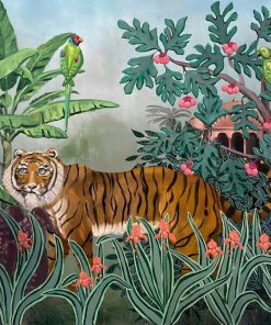 Painter of birds, animals, exotic figures and stunning porcelain. In the style of the old masters she mixes oil paints with pigments. Bright Artwork. Tiger with Big Eyes, 121cm x 121cm, Oil on Wooden Panel, £2700