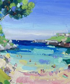 Artist outdoor painting of landscapes and seascapes in vibrant colours. Oil Painter painting a series on travelling. Anna Cecil,Sun Drenched in the Balearics, Oil on Board, 25cm x 30cm, £350
