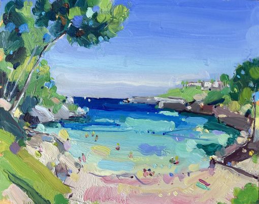 Artist outdoor painting of landscapes and seascapes in vibrant colours. Oil Painter painting a series on travelling. Anna Cecil,Sun Drenched in the Balearics, Oil on Board, 25cm x 30cm, £350