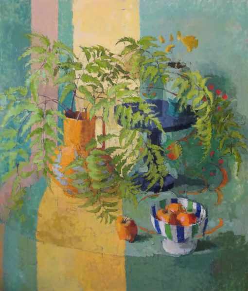 Still Life Contemporary Painter working with vibrant hues of Orange and Yellow. Capturing the realism of the object in particular botanical and landscape subjects. Jill Barthorpe, Fern with Striped Bowl, 105cm x 90cm £4,950