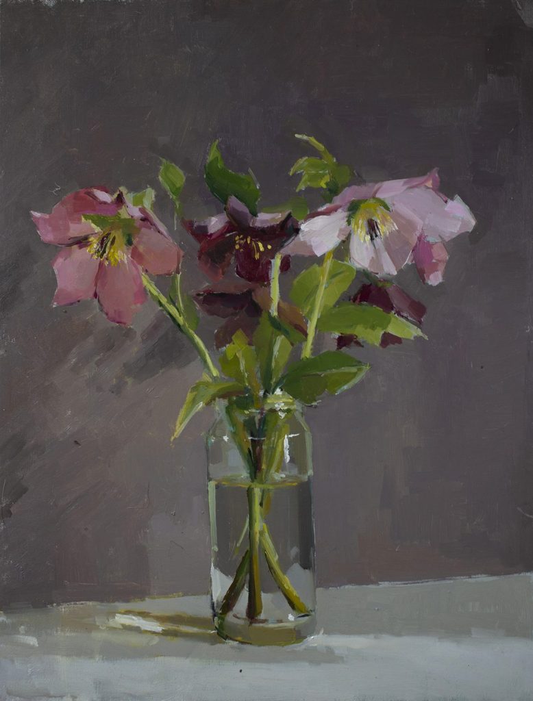 Hellebores Oil on board 30 x 40 cm £820 Working in Oil and Watercolour. Painting still life portraits of flowers and wild flowers from her garden. Light Pastel Shades and pinks.