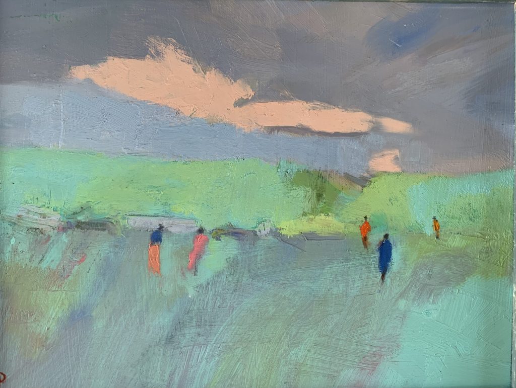 Colourist Painter of United Kingdom and of Abroad. Relationship objects and people in saturated colour. Figures and still life. Abstract Contemporary Artist Sarah Muir Poland Heading to the Beach 44 x 36cm