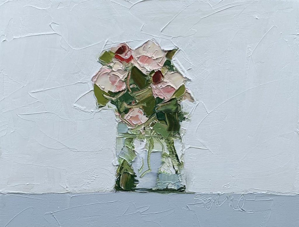 Oil painter from Bath. Landscapes, clouds, the sea and boats, muddy fields, tumbledown buildings and still life, usually flowers in pots.Roses in Jar Oil on Board 49 x 44cm £800