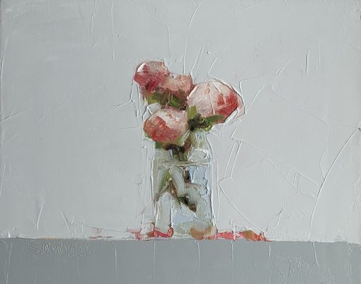 Oil painter from Bath. Landscapes, clouds, the sea and boats, muddy fields, tumbledown buildings and still life, usually flowers in pots. Pink Roses Oil on board 55 x 49cm £850