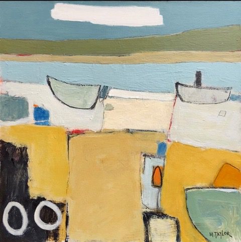 Malcolm Taylor, Spring Shore, Mixed Media, 45cm x 45cm, £1450 Painter of Landscapes and Still Life. Working from an abstract perspective. His imagery evolves from his sketches. Spontaneity and Freedom.