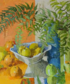 Still Life Contemporary Painter working with vibrant hues of Orange and Yellow. Capturing the realism of the object in particular botanical and landscape subjects. Jill Barthorpe, Mirrored Stripe, 61cm x 91cm £3,650