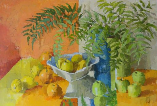 Still Life Contemporary Painter working with vibrant hues of Orange and Yellow. Capturing the realism of the object in particular botanical and landscape subjects. Jill Barthorpe, Mirrored Stripe, 61cm x 91cm £3,650