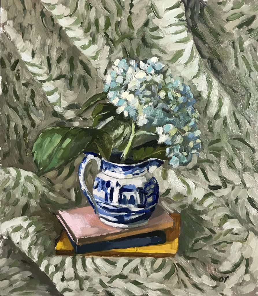 Still Life Painter of Cornish Crustaceans. Balancing Colour and Light of Everyday Object with a Rich Patterned and Textured Background. Ollie Tuck, Hydrangea in Spode Jug, Oil on board, H55xW50cm (framed size), £1100