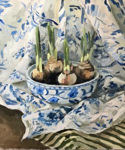 Ollie-Tuck-Narcissus-Bulbs-Oil-on-board-H50xW55cm-framed-size-1100 Still Life Painter of Cornish Crustaceans. Balancing Colour and Light of Everyday Object with a Rich Patterned and Textured Background.