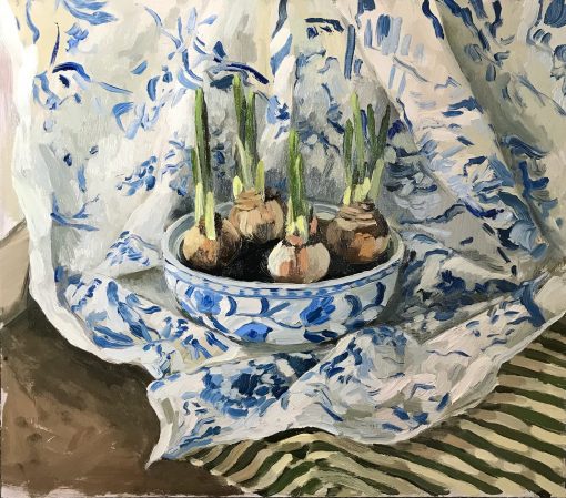 Ollie-Tuck-Narcissus-Bulbs-Oil-on-board-H50xW55cm-framed-size-1100 Still Life Painter of Cornish Crustaceans. Balancing Colour and Light of Everyday Object with a Rich Patterned and Textured Background.