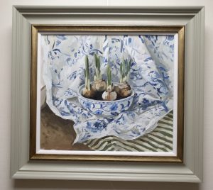 Still Life Painter of Cornish Crustaceans. Balancing Colour and Light of Everyday Object with a Rich Patterned and Textured Background. OllieTuck,Narcissus Bulbs, Oil on board, H50xW55cm, framed, £1100