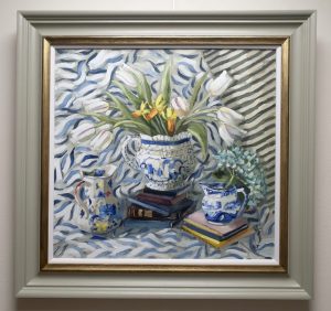 Still Life Painter of Cornish Crustaceans. Balancing Colour and Light of Everyday Object with a Rich Patterned and Textured Background. Ollie Tuck, Still Life with Spring Flowers, Oil on board, H63xW66cm (framed size), £1500