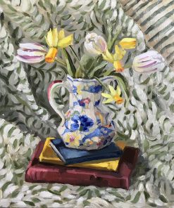 Still Life Painter of Cornish Crustaceans. Balancing Colour and Light of Everyday Object with a Rich Patterned and Textured Background. Ollie Tuck, Tulips and Narcissus in early Spring, Oil on board, H55xW50cm (framed size), £1100
