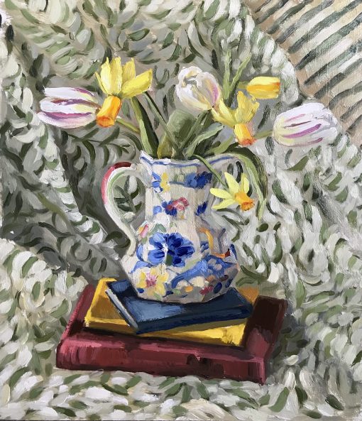 Still Life Painter of Cornish Crustaceans. Balancing Colour and Light of Everyday Object with a Rich Patterned and Textured Background. Ollie Tuck, Tulips and Narcissus in early Spring, Oil on board, H55xW50cm (framed size), £1100