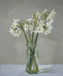 Snowdrops Oil on board, 27 x 22 cm £540 Working in Oil and Watercolour. Painting still life portraits of flowers and wild flowers from her garden. Light Pastel Shades and pinks.