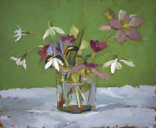 Paperwhites in jar Oil on linen board 30 x 40 cm £820 Working in Oil and Watercolour. Painting still life portraits of flowers and wild flowers from her garden. Light Pastel Shades and pinks.