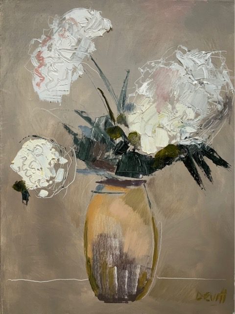 A reproduction of reality. Painter of still life florals and flowers in oil. abstract contemporary artist. Title: White Peonies Medium: Oil on Canvas Size: 40.5 x 30.5 cms Price: £1100