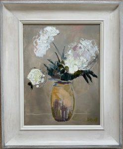  A reproduction of reality. Painter of still life florals and flowers in oil. abstract contemporary artist. Title: White Peonies Medium: Oil on Canvas Size: 40.5 x 30.5 cms Price: £1100
