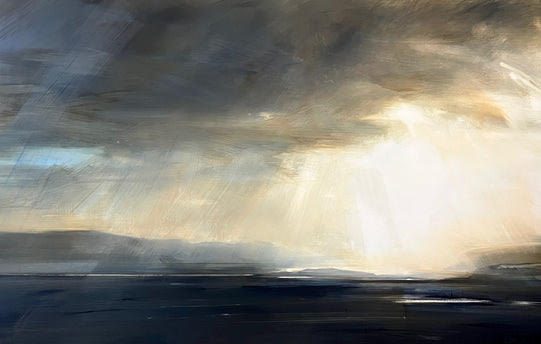 Landscape Artist working in oils. Scottish Artist Painting Light and darkness within a space. Changing Light and Skies. Zarina Stewart-Clark, A Scattered Light, Gulf of Corryvreckan, Framed: 74cm x 114cm, Oil on Panel, £4800