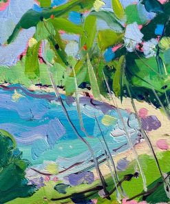 Artist outdoor painting of landscapes and seascapes in vibrant colours. Oil Painter painting a series on travelling. Secret Coves of the Ionian III oil on board, 18cm x23 framed, £250