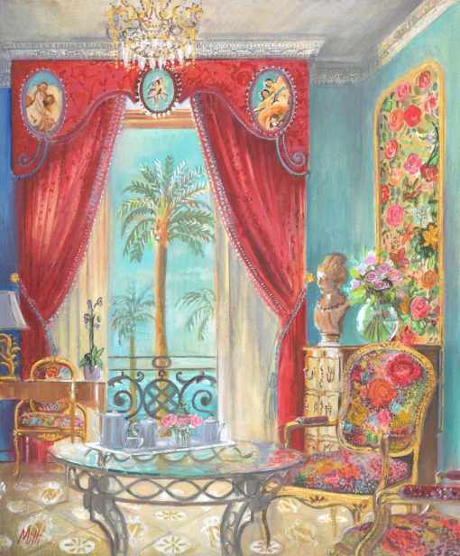 Still Life and Contemporary Artist who works in oil. she is inspired by scenes of travelling, cities and the French Rivera. Depicting Street Scenes and Interior through painting. Louise Millin Inchley, Floral suite at the Negresco Hotel, Nice, 50 x 60cm in acrylic, £900