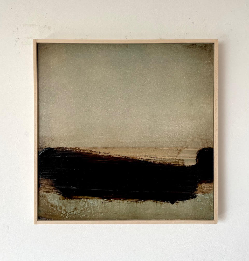 Adam Taylor, Shadow On The Land 30x30cm oil and mixed media on board Contemporary Abstract Landscape Artist Working in Oil and Enamel Paints. Coasts of Rural West Wales.