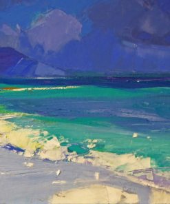 Using a Primary inspired Colour Palette. This Scottish Artist captures landscapes and seascapes of Islands. Working in Oil on Board. Marion Thomson, Sea Swell Iona, Oil on Canvas,45cm x 35cm £1100