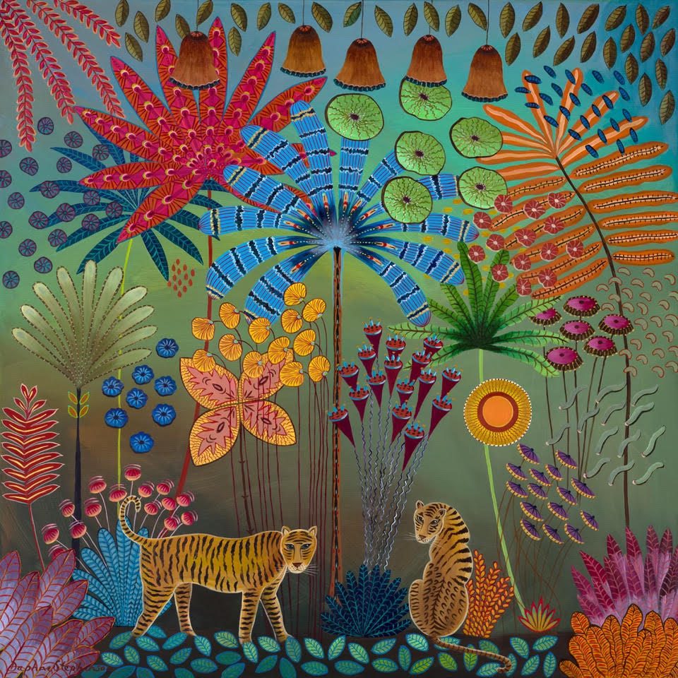 Primitive Naive Artists in the United Kingdom. Cheerful artwork with an eclectic mix of cultures and backgrounds.Caribbean islands like the Bahamas, Bermuda, The Seychelles and Jamaica. Capturing Foliage and tropical scenes. Tale of Two Tigers Oil on Canvas 112cm x 112cm £5900