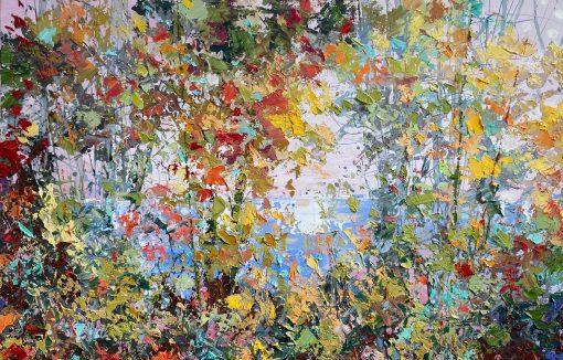 Expressive style using a palette knife. light, shade and reflection of the natural world. contemporary colourful floral artist. Paul Treasure, Mystic Oil on Canvas 100cm x 150cm £7500