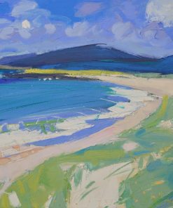 Using a Primary inspired Colour Palette. This Scottish Artist captures landscapes and seascapes of Islands. Working in Oil on Board. Marion Thomson, Above Hosta, North Uist, Oil on Canvas, 35cm x 30cm £950.00