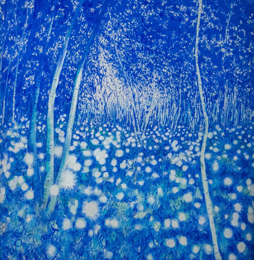 After Tokihiro Sato. ‘Lit woodland’ blue. Soft pastel and diamond soft pastel size 150cm x 150 cm  framed size 160 cm x 160 cm Large Scale Pastel and Charcoal Artist. inspired by photographer 1900s French photographer Atget, Tokihiro Sato.