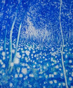After Tokihiro Sato. ‘Lit woodland’ blue. Soft pastel and diamond soft pastel size 150cm x 150 cm  framed size 160 cm x 160 cm Large Scale Pastel and Charcoal Artist. inspired by photographer 1900s French photographer Atget, Tokihiro Sato.