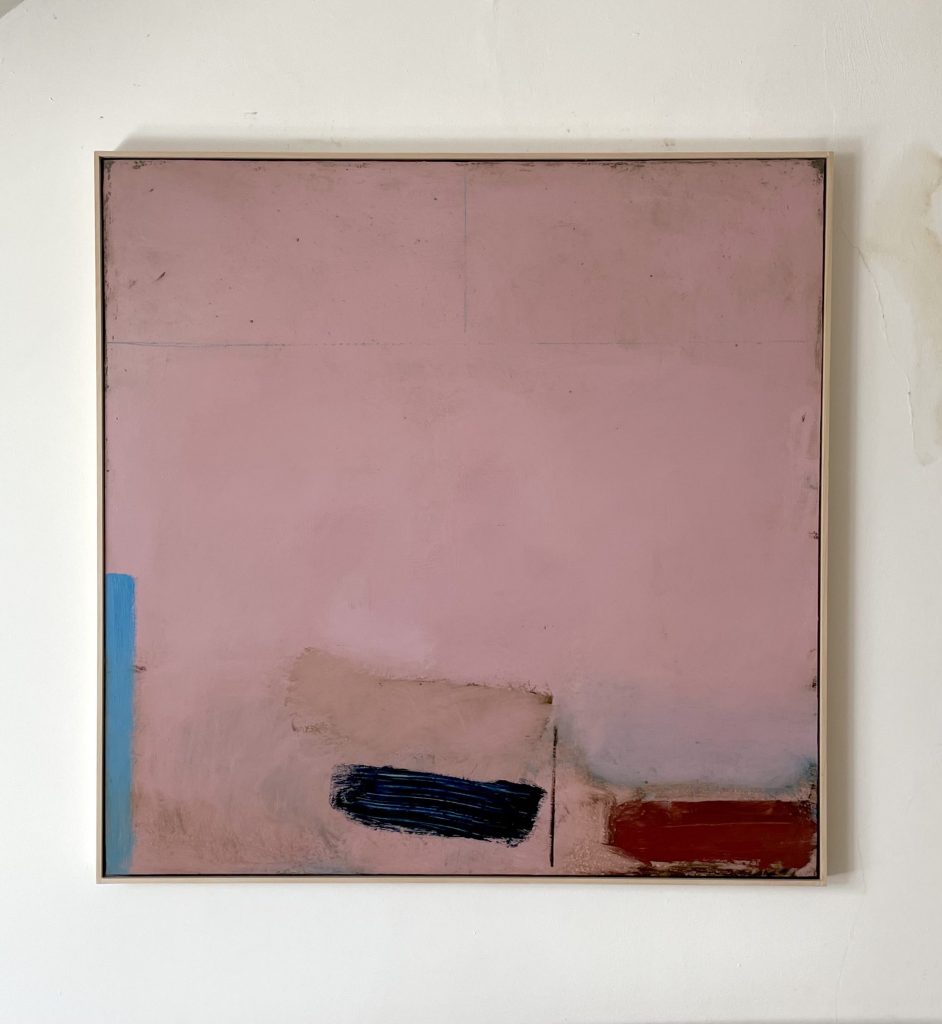 Contemporary Abstract Landscape Artist Working in Oil and Enamel Paints. Coasts of Rural West Wales. ﻿﻿ Product Short Description ﻿﻿ In Dreams In Pink Terracotta And Blue (A Pembrokeshire landscape) 80x80cm, oil and mixed media on aluminium dibond panel in a light wood frame