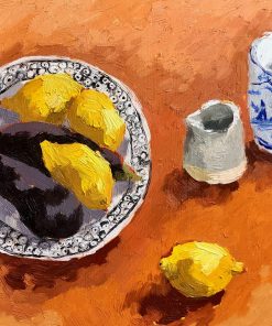 One-Off Print and Paintings hand selected by Nadia Waterfield by renown contemporary artists. Holly Brown Lemons and Aubergine Oil on Board 30 x 35 cm Unframed 50 x 55 cm Framed £495