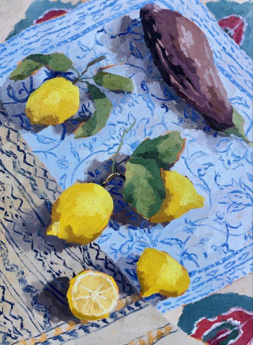 One-Off Print and Paintings hand selected by Nadia Waterfield by renown contemporary artists. Holly Clifton-Brown Lemons and Speckled Aubergine Oil on Board 30 x 40 cm Unframed 50 x 60 cm Framed £595