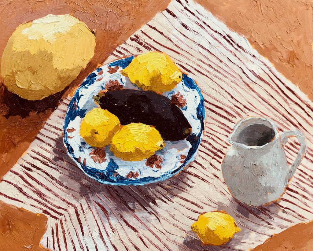 One-Off Print and Paintings hand selected by Nadia Waterfield by renown contemporary artists. Holly Brown Melon and Lemons on Rust Oil on Board 30 x 35 cm Unframed 50 x 55 cm Framed £495