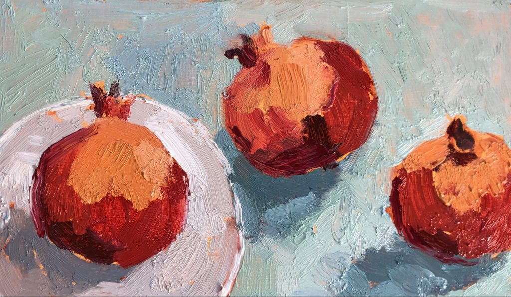 One-Off Print and Paintings hand selected by Nadia Waterfield by renown contemporary artists. Holly Brown Trio of Pomegranates Oil on Board 12 x 25 cm Unframed 32 x 45 cm Framed £395