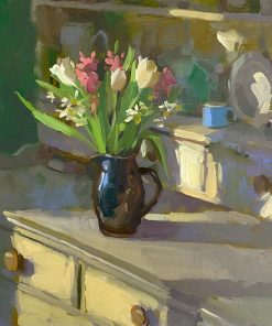 Plein Air Painter of Gardens, Landscapes and Seascapes. Oil Artist sometimes working with Watercolour capturing florals and botanicals. Haidee-Jo Summers Spring bouquet on kitchen dresser 25 x 25cm Oils £995