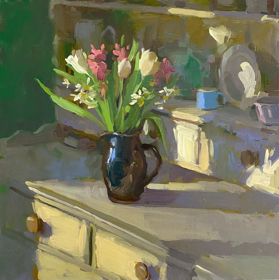 Plein Air Painter of Gardens, Landscapes and Seascapes. Oil Artist sometimes working with Watercolour capturing florals and botanicals. Haidee-Jo Summers Spring bouquet on kitchen dresser 25 x 25cm Oils £995