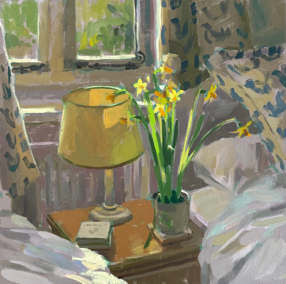 Plein Air Painter of Gardens, Landscapes and Seascapes. Oil Artist sometimes working with Watercolour capturing florals and botanicals. Haidee-Jo Summers Bedside table with tête-à-tête 25 x 25cm Oils £995