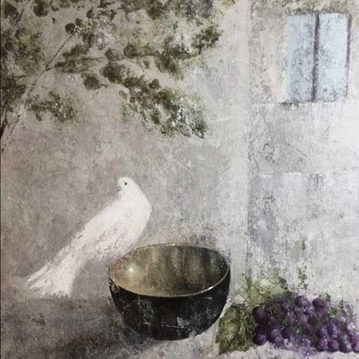 Scottish Artist working on Still Life and Landscape Artworks. Compositions merging Abstract perspective and Plane with Realism of Objects and Floral Studies. Working with Acrylic on Canvas Board. Little Dove and Golden Bowl, Acrylic on Canvas Board, 60 x60 cms, Wall Price £1950