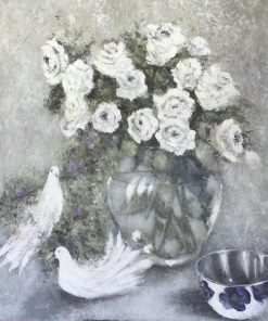 Scottish Artist working on Still Life and Landscape Artworks. Compositions merging Abstract perspective and Plane with Realism of Objects and Floral Studies. Working with Acrylic on Canvas Board. “Doves and White Roses” Acrylic on Canvas Board, Wall price £1950