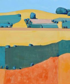 Non-Representational Landscape Paintings from Birds Eye View. Acrylic on Canvas or Board in Hues of muted Greens with pops of Primary Colour.﻿﻿ Product Short Description ﻿﻿ David O'Connor, Pewsey Vale V, acrylic on canvas, 101 x 76 cm, £2370