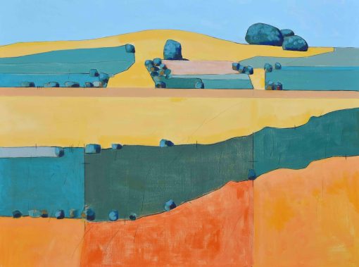 Non-Representational Landscape Paintings from Birds Eye View. Acrylic on Canvas or Board in Hues of muted Greens with pops of Primary Colour.﻿﻿ Product Short Description ﻿﻿ David O'Connor, Pewsey Vale V, acrylic on canvas, 101 x 76 cm, £2370