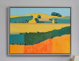 Non-Representational Landscape Paintings from Birds Eye View. Acrylic on Canvas or Board in Hues of muted Greens with pops of Primary Colour. Product Short Description  David O'Connor, Pewsey Vale V, acrylic on canvas, 101 x 76 cm, £2370